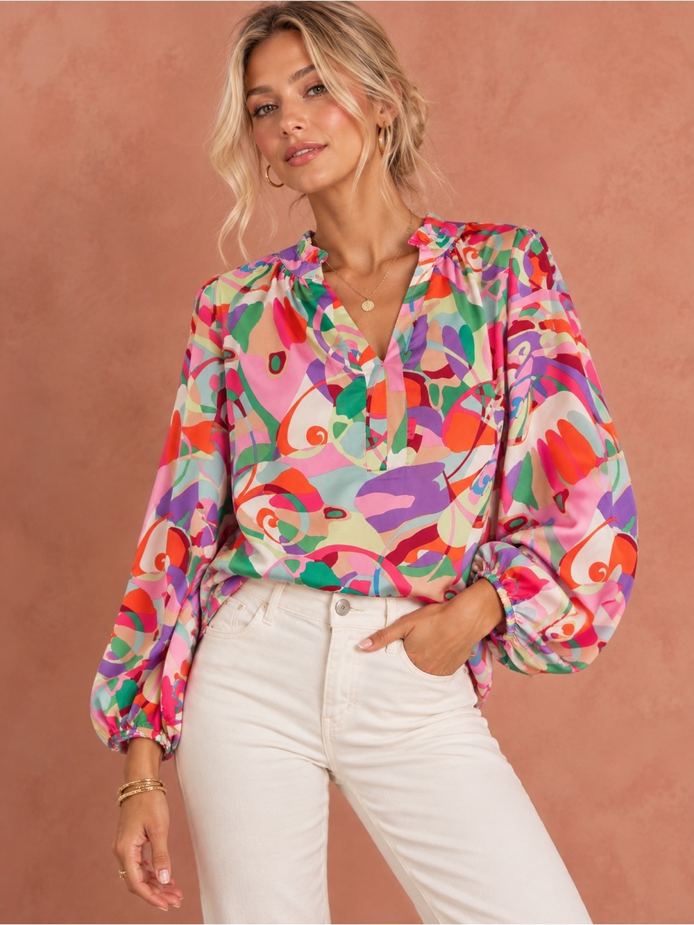Karlie Multicolor Abstract Print V-Neck Blouse